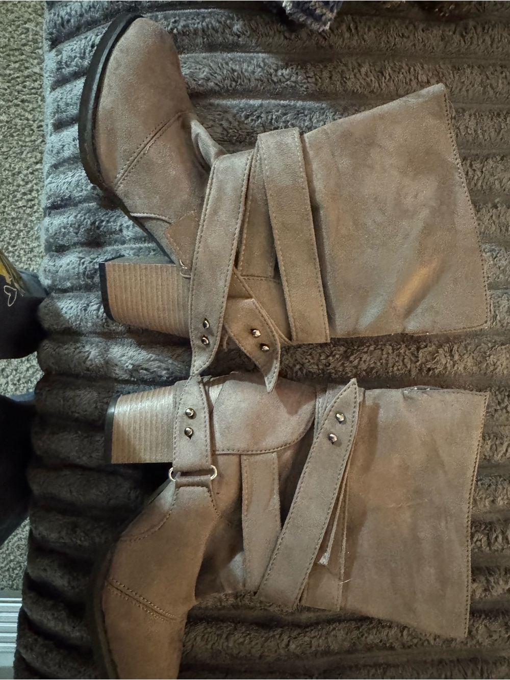 Women's Taupe Suede Mid-Calf Strap Block Heel Boots